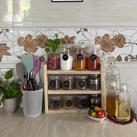 Wooden Kitchen Jar Shelf  Wood Countertop Spice Rack Organizer  Free 9 Jars_14505